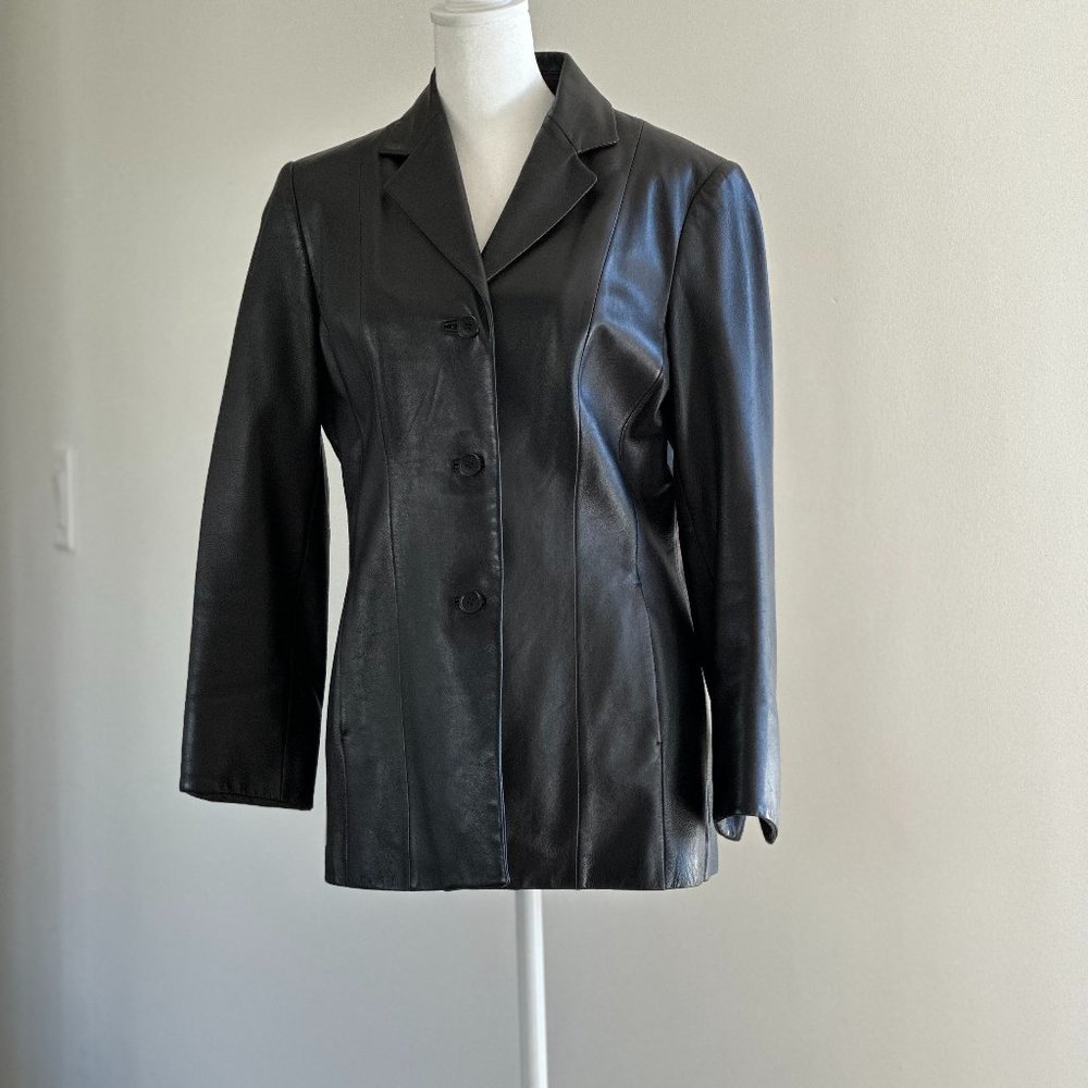 CASLON BLACK LEATHER JACKET BLAZER SZ SMALL TAILORED AND SLIMMING LOOK!